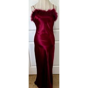 Fiesta Burgundy Satin Prom Dress with Feather Trim